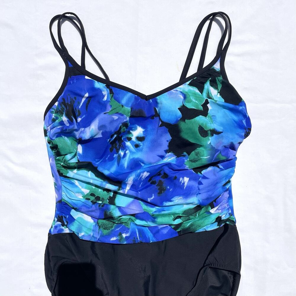 Miraclesuit Bethany Swimsuit Womens 10 Blue Black Floral Slimming - Picture 2 of 7